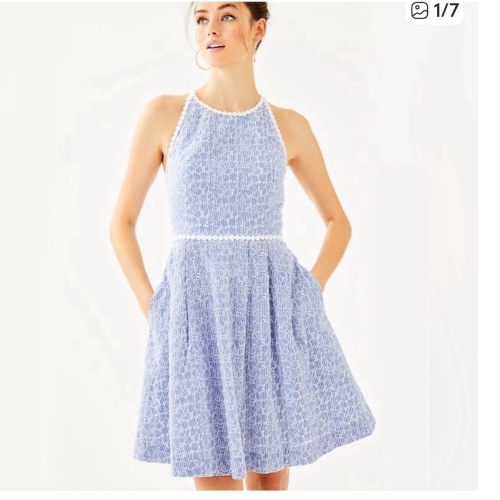 Lilly Pulitzer Tori Dress 0 Blue Stripe Floral Eyelet Lace Fit Flare Halter NWT
